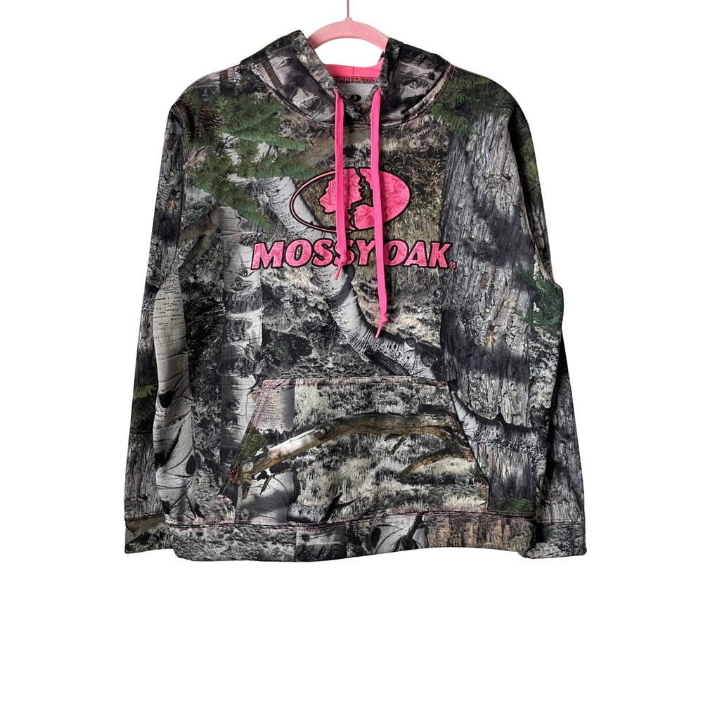 Mossy Oak Hoodie Womens Large Green Pink Camo Fleece Lined Forrest Hunting
